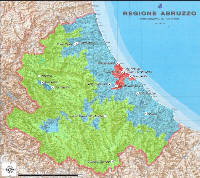 Nella foto una mappa dell'Abruzzo delle aere interessate dalle misurazioni