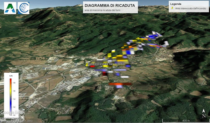 Nell'immagine la mappa con la simulazione della ricaduta dei fumi dell'incendio sul territorio