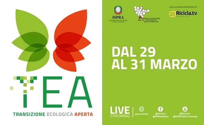 immagine con il logo TEA, transizione ecologica aperta e le date degli incontri dal 29 al 31 marzo 2021